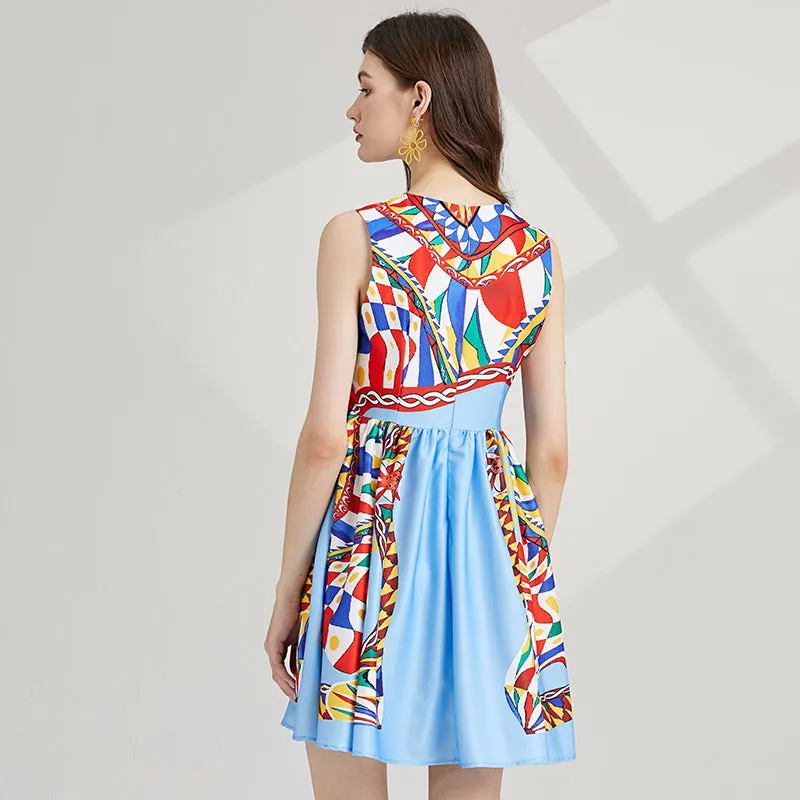 CM-DY000339 Women Elegant European Style Printing Round Neck High Waist Mini Dress