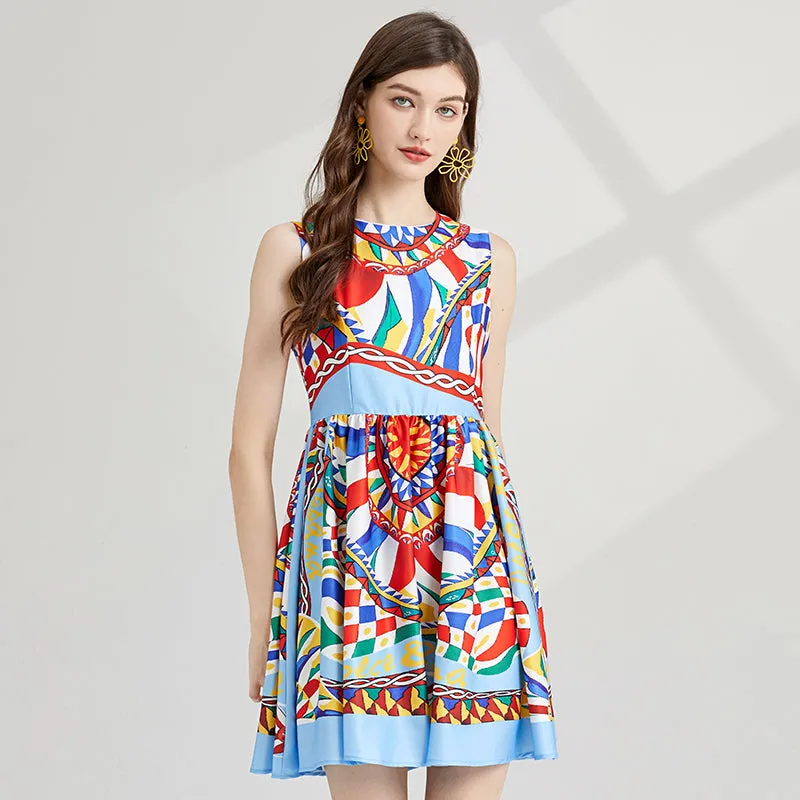 CM-DY000339 Women Elegant European Style Printing Round Neck High Waist Mini Dress