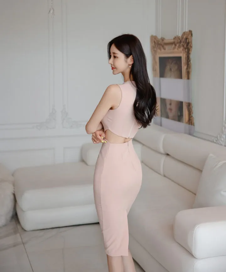 CM-DY016452 Women Elegant Seoul Style Round Neck Sleeveless Slim Midi Dress - Light Pink