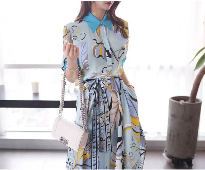CM-DY049597 Women Casual Seoul Style Collar Neckline All-Over Print Pinched Waist Dress
