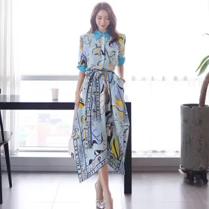 CM-DY049597 Women Casual Seoul Style Collar Neckline All-Over Print Pinched Waist Dress