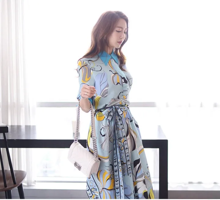 CM-DY049597 Women Casual Seoul Style Collar Neckline All-Over Print Pinched Waist Dress