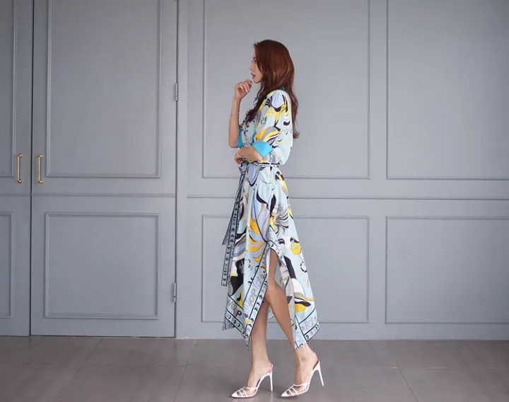 CM-DY049597 Women Casual Seoul Style Collar Neckline All-Over Print Pinched Waist Dress
