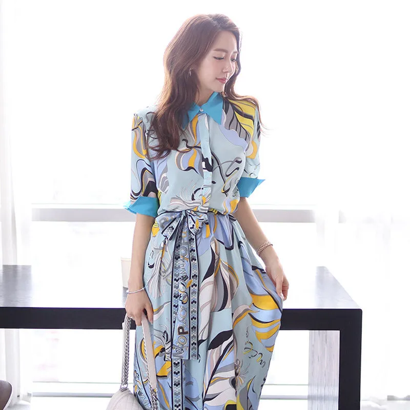 CM-DY049597 Women Casual Seoul Style Collar Neckline All-Over Print Pinched Waist Dress