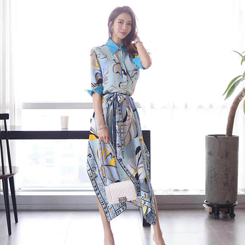 CM-DY049597 Women Casual Seoul Style Collar Neckline All-Over Print Pinched Waist Dress