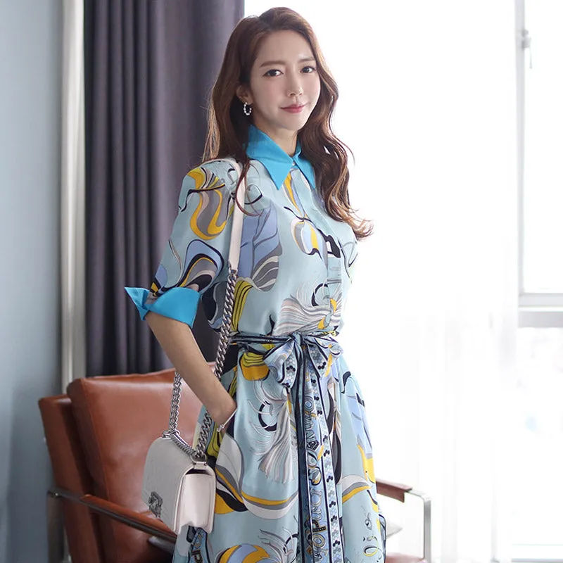 CM-DY049597 Women Casual Seoul Style Collar Neckline All-Over Print Pinched Waist Dress
