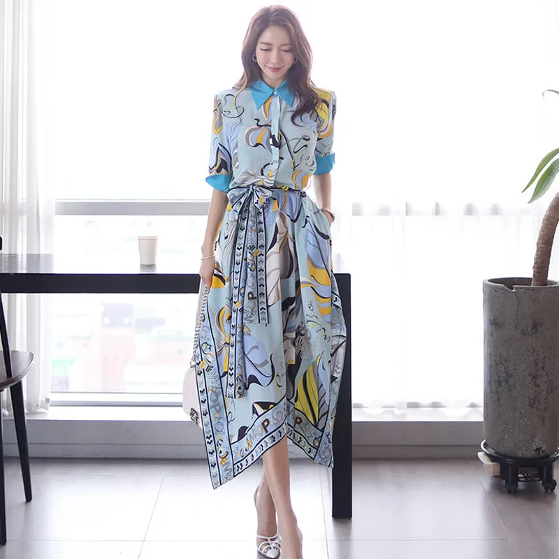 CM-DY049597 Women Casual Seoul Style Collar Neckline All-Over Print Pinched Waist Dress