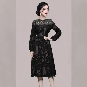 CM-DY081129 Women Elegant Seoul Style Round Neck Lantern Sleeve Slim Midi Dress - Black
