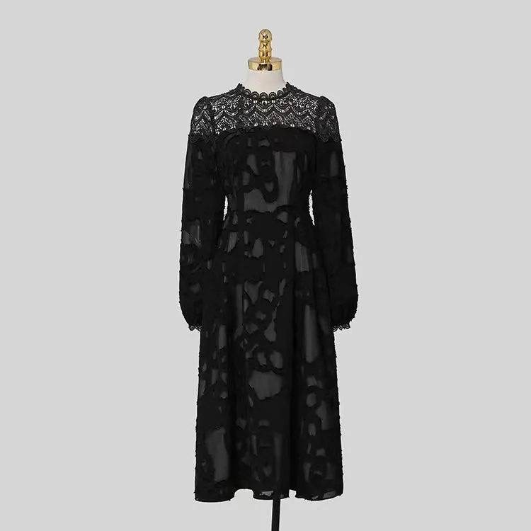 CM-DY081129 Women Elegant Seoul Style Round Neck Lantern Sleeve Slim Midi Dress - Black