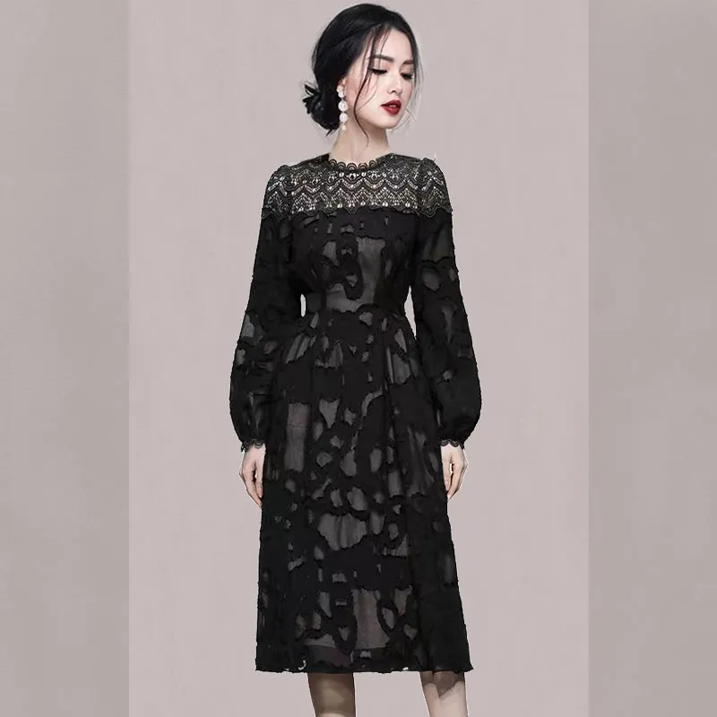 CM-DY081129 Women Elegant Seoul Style Round Neck Lantern Sleeve Slim Midi Dress - Black