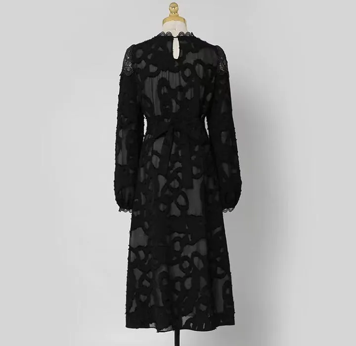 CM-DY081129 Women Elegant Seoul Style Round Neck Lantern Sleeve Slim Midi Dress - Black
