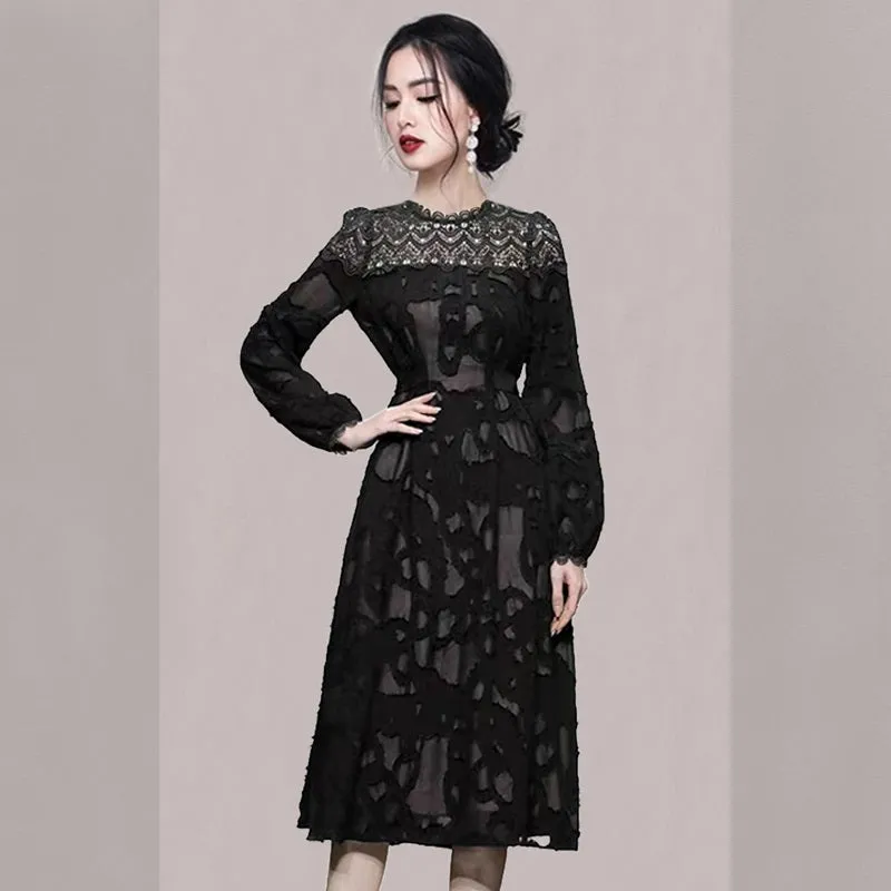 CM-DY081129 Women Elegant Seoul Style Round Neck Lantern Sleeve Slim Midi Dress - Black