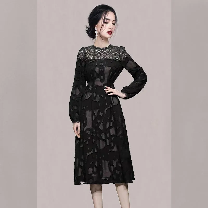 CM-DY081129 Women Elegant Seoul Style Round Neck Lantern Sleeve Slim Midi Dress - Black