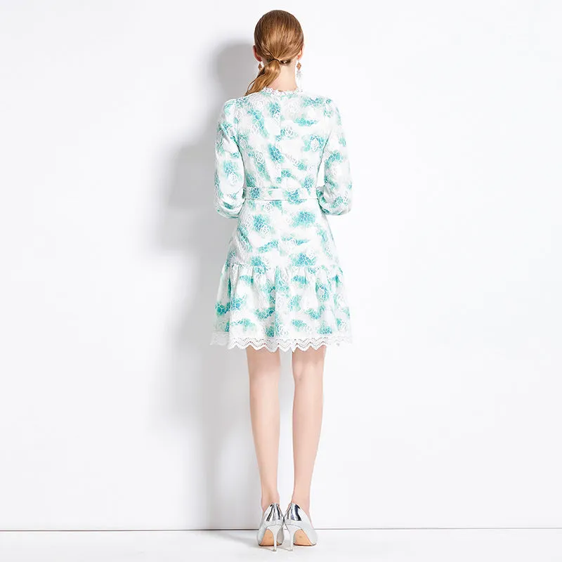 CM-DY082161 Women Elegant European Style Hollow Single-Breasted Printing Dress