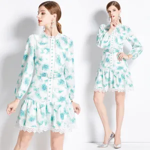 CM-DY082161 Women Elegant European Style Hollow Single-Breasted Printing Dress