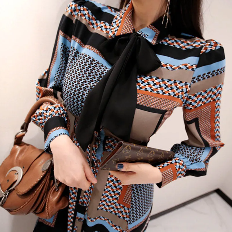 CM-DY082914 Women Casual Seoul Style Collar Neckline Shirt Bow Long Dress