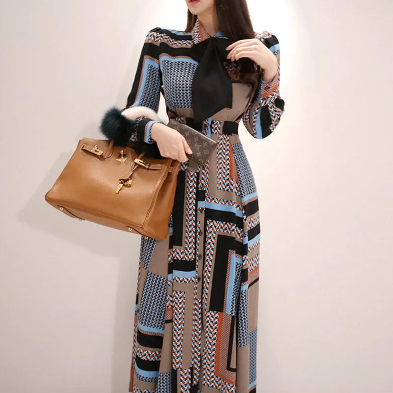 CM-DY082914 Women Casual Seoul Style Collar Neckline Shirt Bow Long Dress