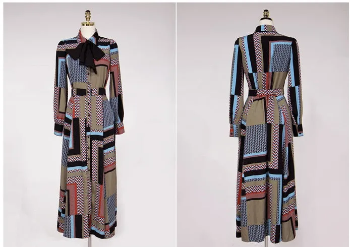 CM-DY082914 Women Casual Seoul Style Collar Neckline Shirt Bow Long Dress