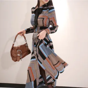 CM-DY082914 Women Casual Seoul Style Collar Neckline Shirt Bow Long Dress