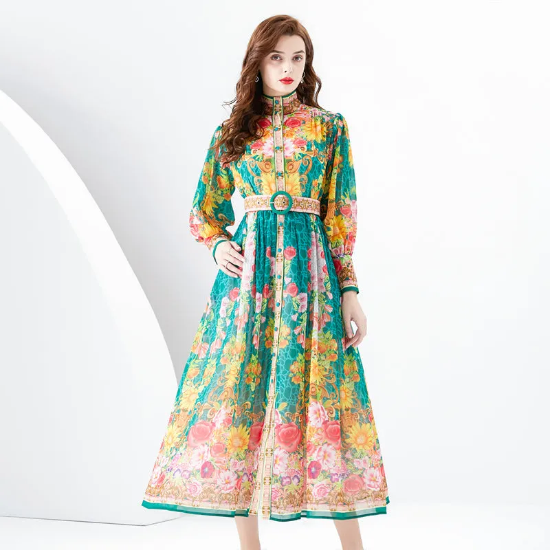 CM-DY094471 Women Retro European Style Stand Collar Lantern Sleeve Long Dress