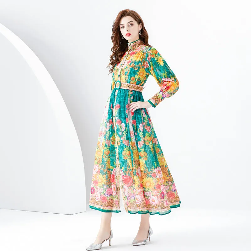CM-DY094471 Women Retro European Style Stand Collar Lantern Sleeve Long Dress