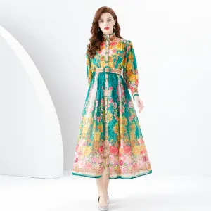 CM-DY094471 Women Retro European Style Stand Collar Lantern Sleeve Long Dress