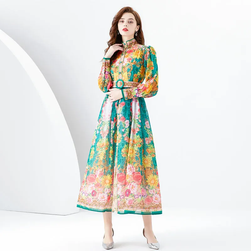 CM-DY094471 Women Retro European Style Stand Collar Lantern Sleeve Long Dress
