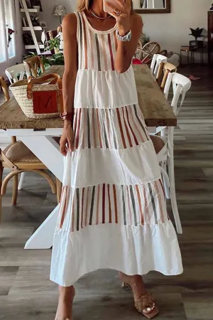 Contrast Sleeveless Striped Midi Dress
