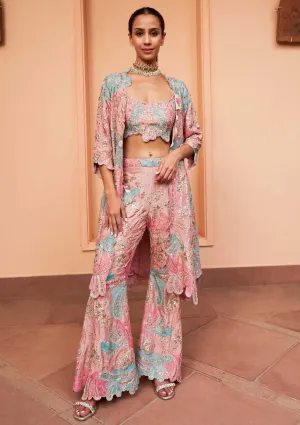 Coral embroidered jacket and flared pant set