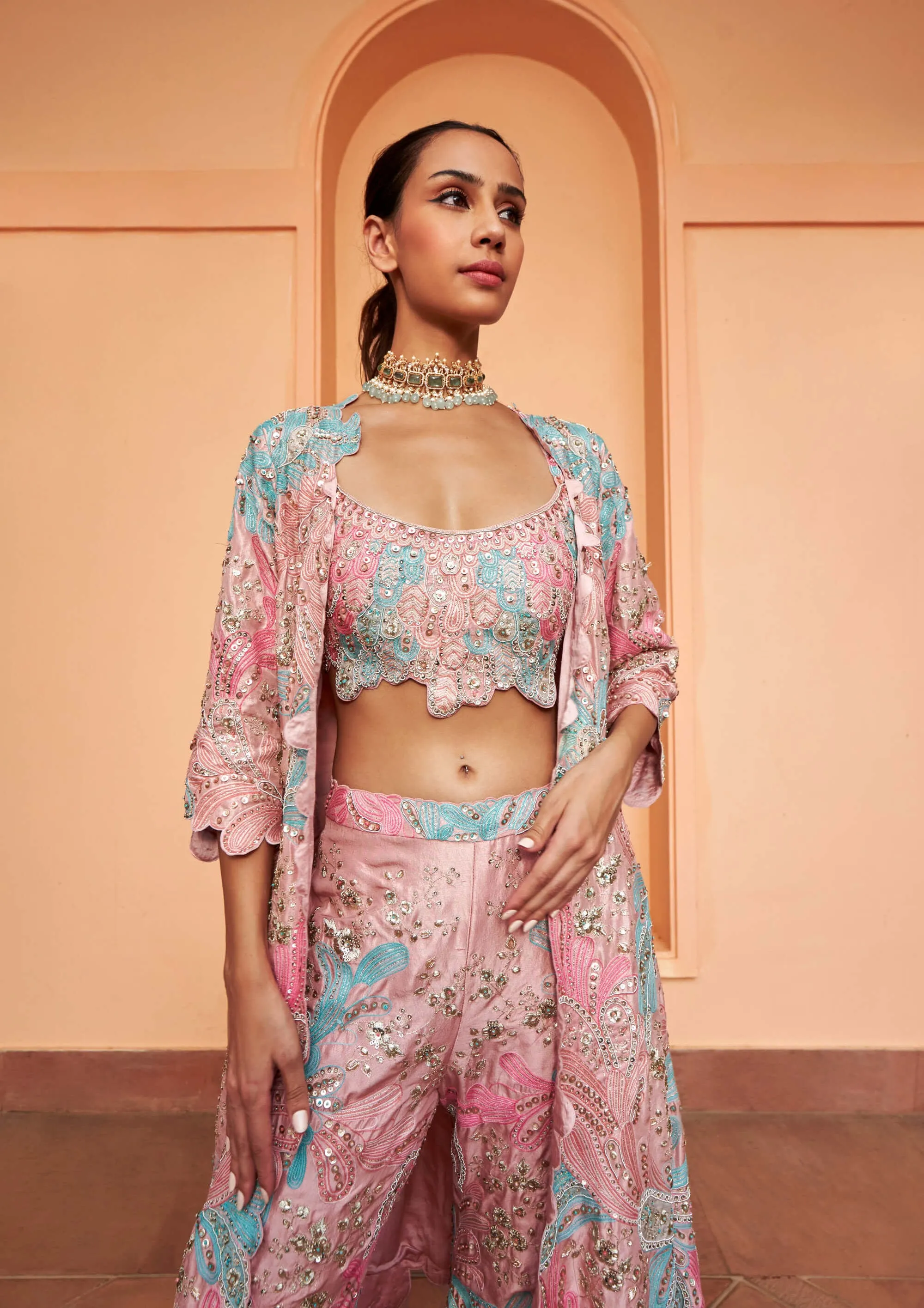 Coral embroidered jacket and flared pant set