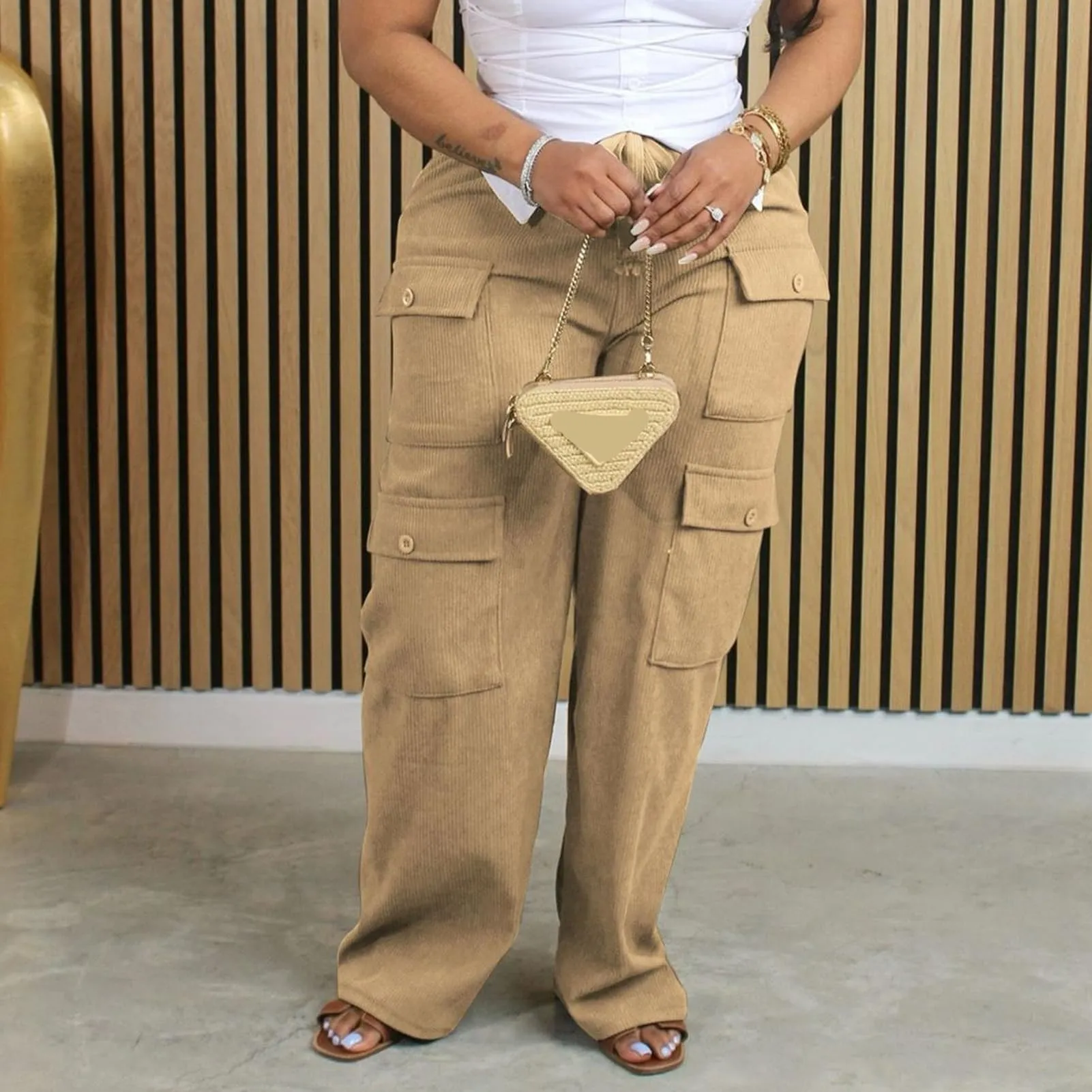 Corduroy High Waisted Baggy Cargo Pants