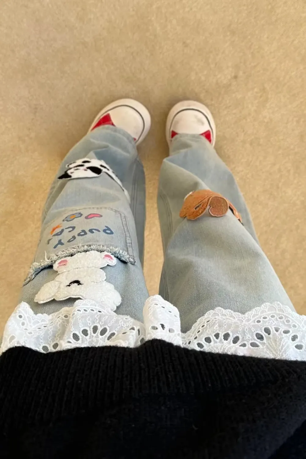 Cute 3D Cat and Dog Embroidered Casual Jeans Pants