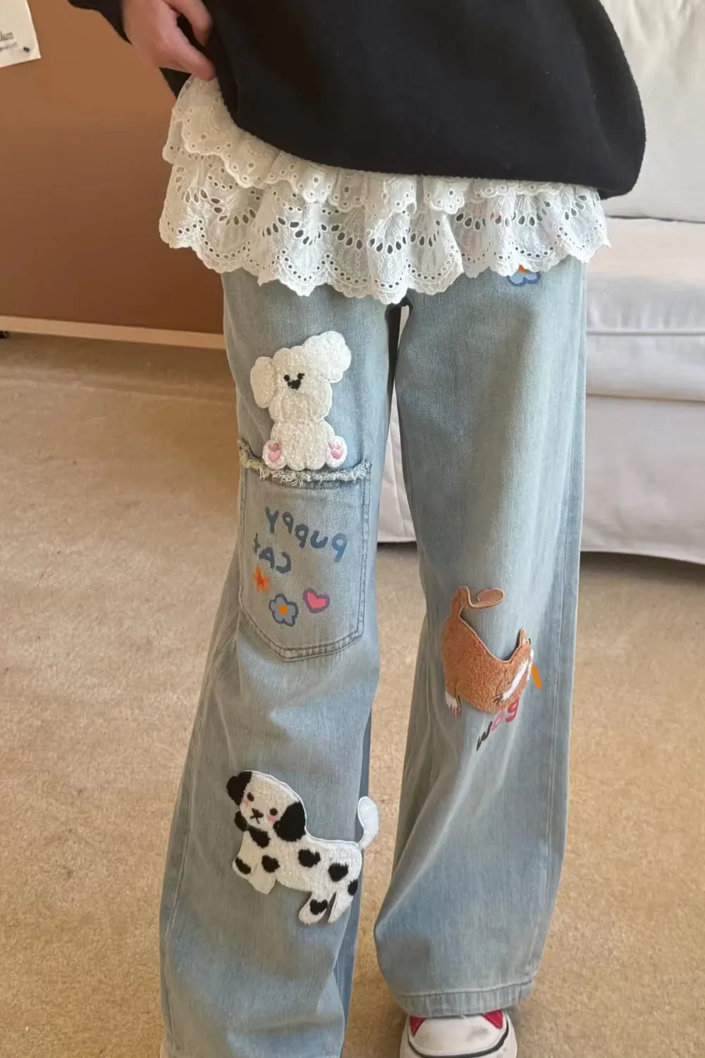 Cute 3D Cat and Dog Embroidered Casual Jeans Pants