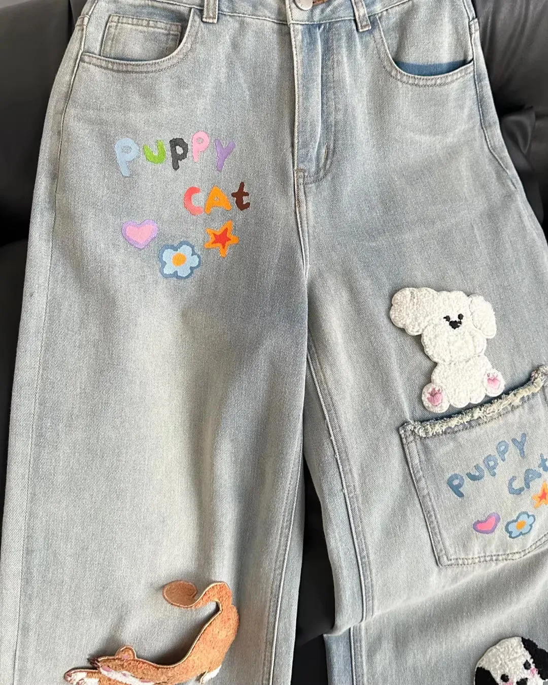Cute 3D Cat and Dog Embroidered Casual Jeans Pants