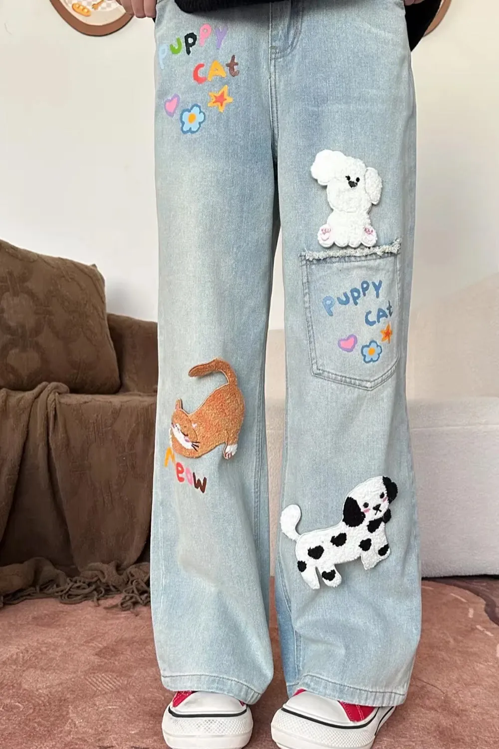 Cute 3D Cat and Dog Embroidered Casual Jeans Pants