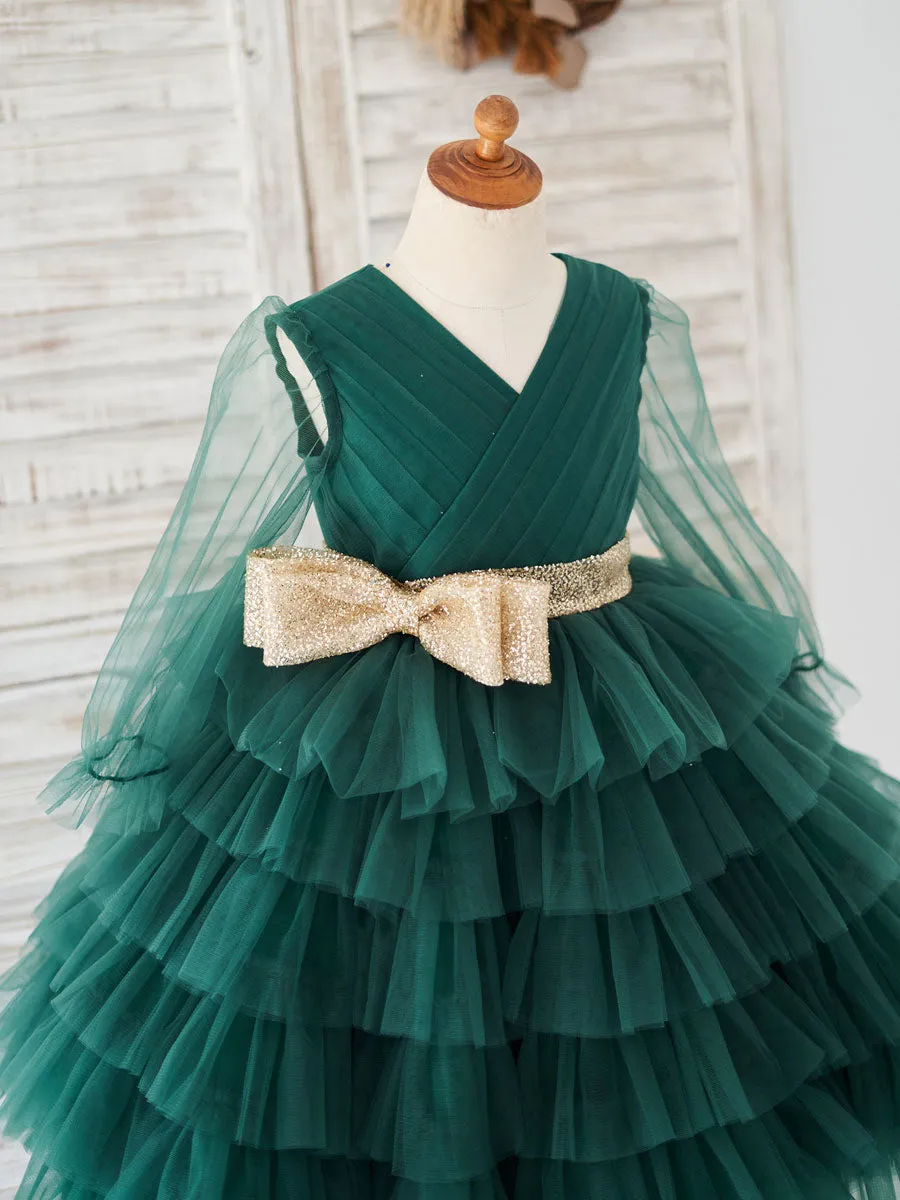 Cute Green V-Neck Long Sleeves Sash Kids Social Party Dresses