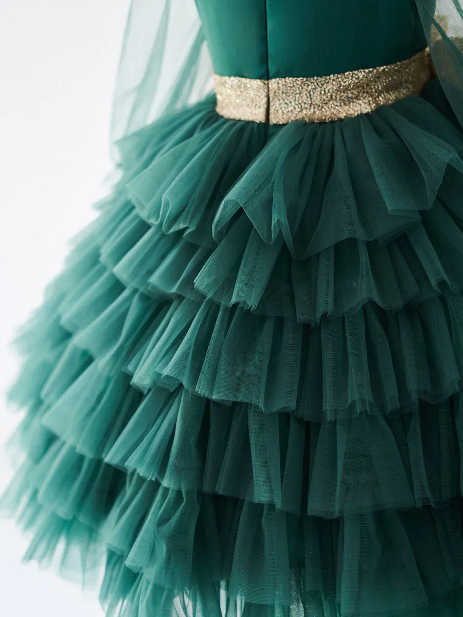 Cute Green V-Neck Long Sleeves Sash Kids Social Party Dresses