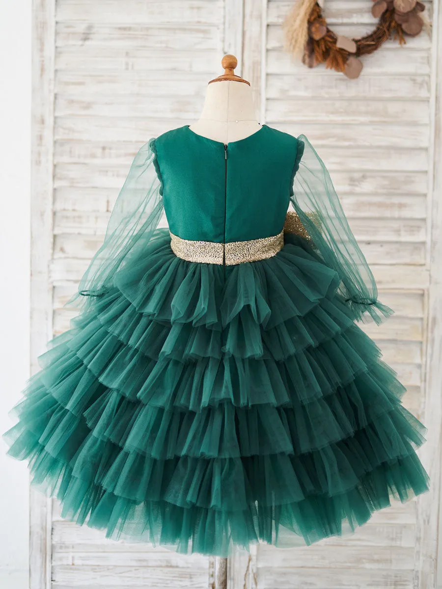 Cute Green V-Neck Long Sleeves Sash Kids Social Party Dresses