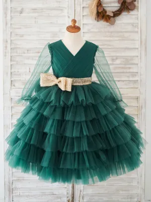 Cute Green V-Neck Long Sleeves Sash Kids Social Party Dresses