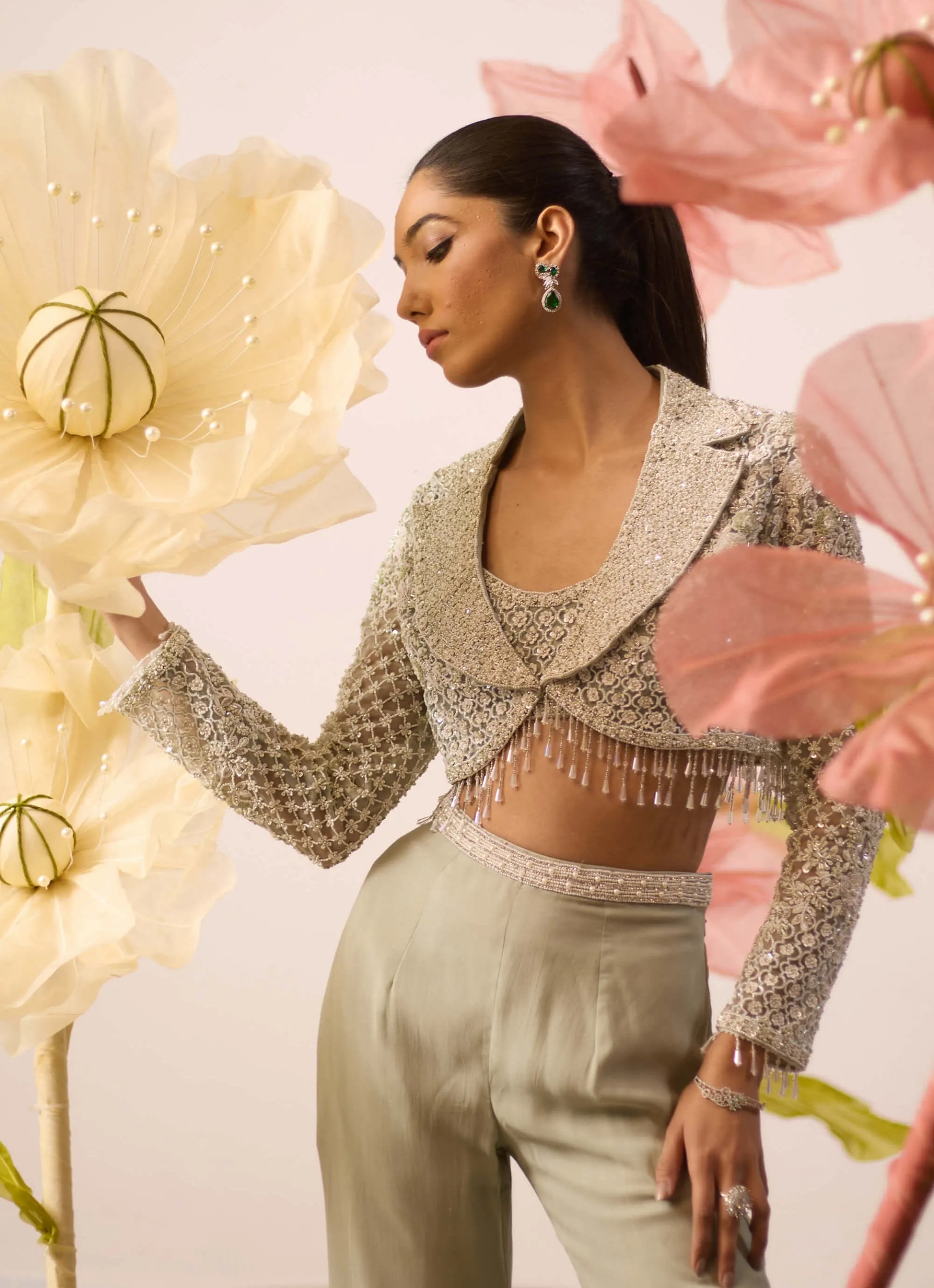 Daisy mint green  jacket and flared pant set
