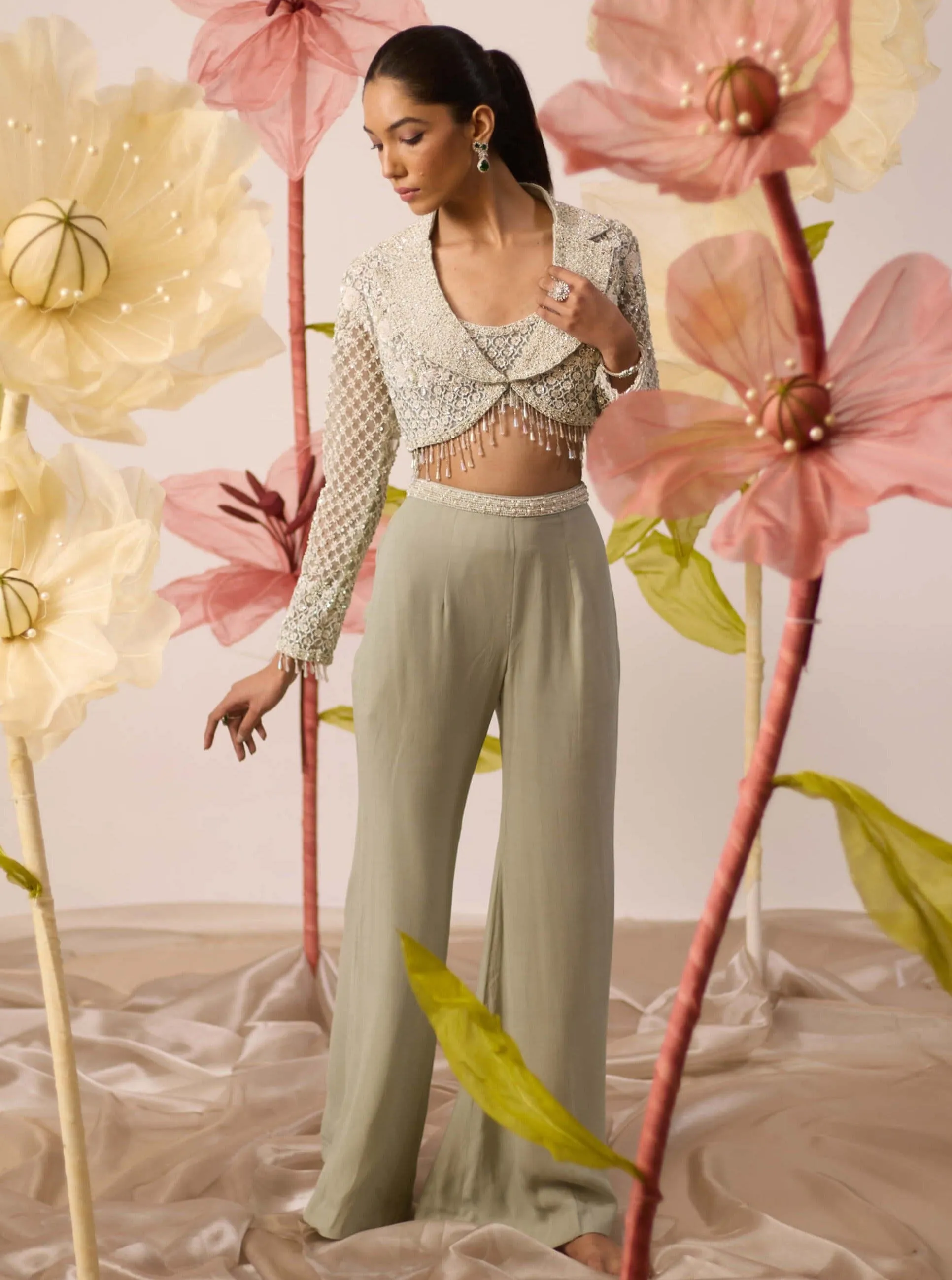 Daisy mint green  jacket and flared pant set