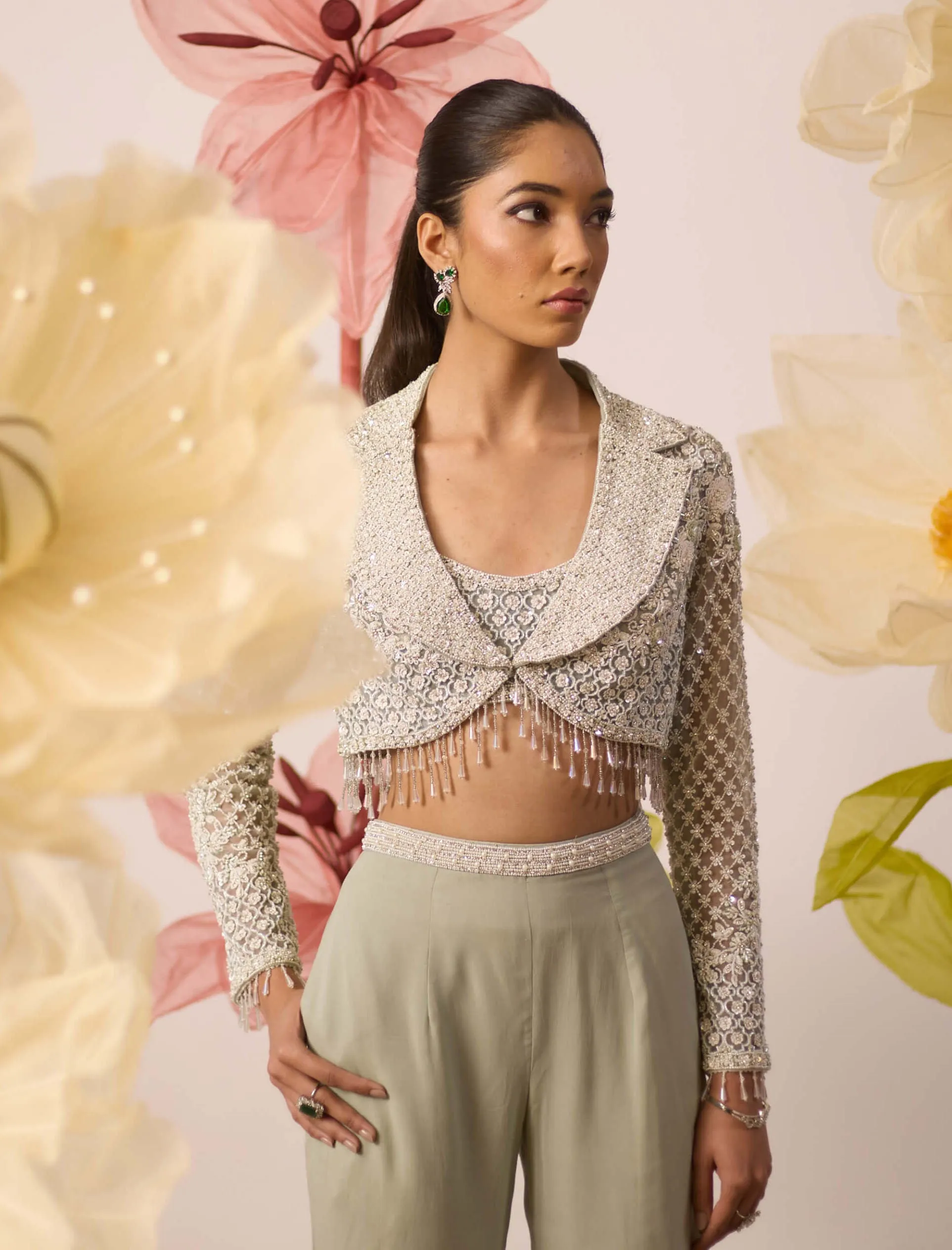 Daisy mint green  jacket and flared pant set