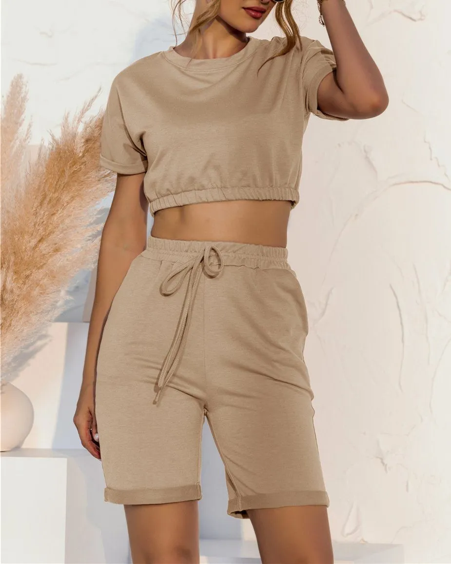 Day To Chill Crop Two-Piece Sets - Khaki