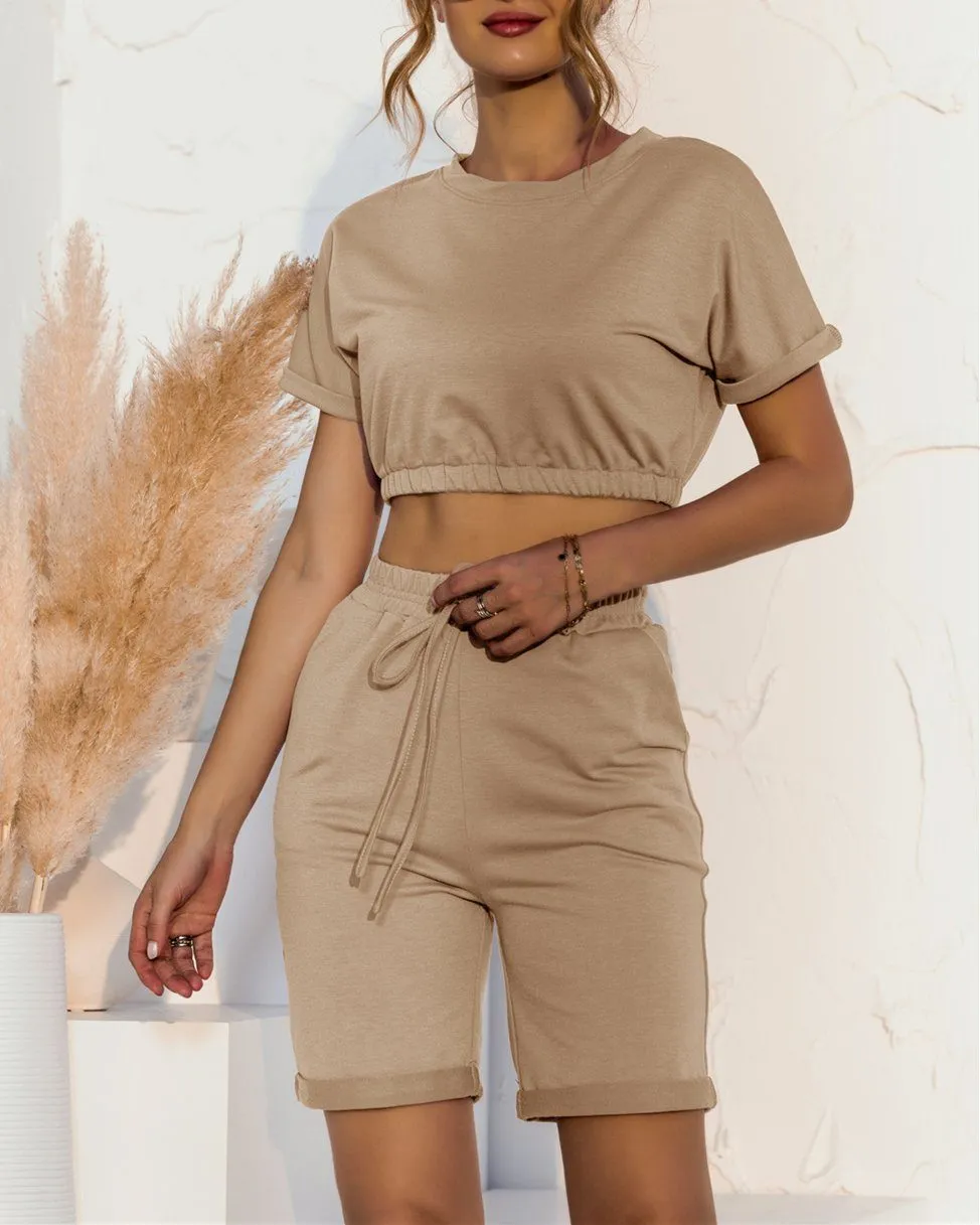 Day To Chill Crop Two-Piece Sets - Khaki