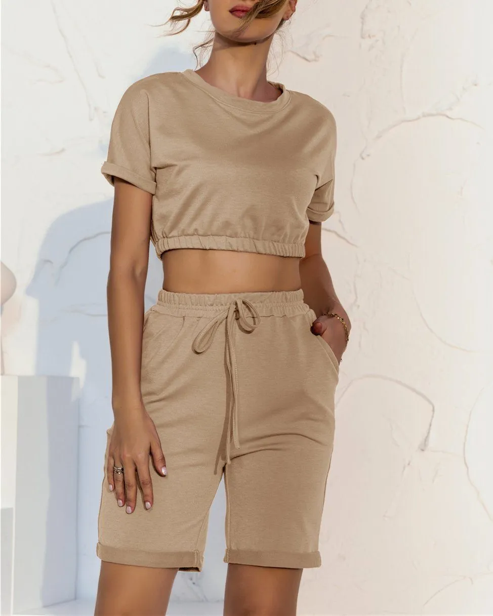 Day To Chill Crop Two-Piece Sets - Khaki