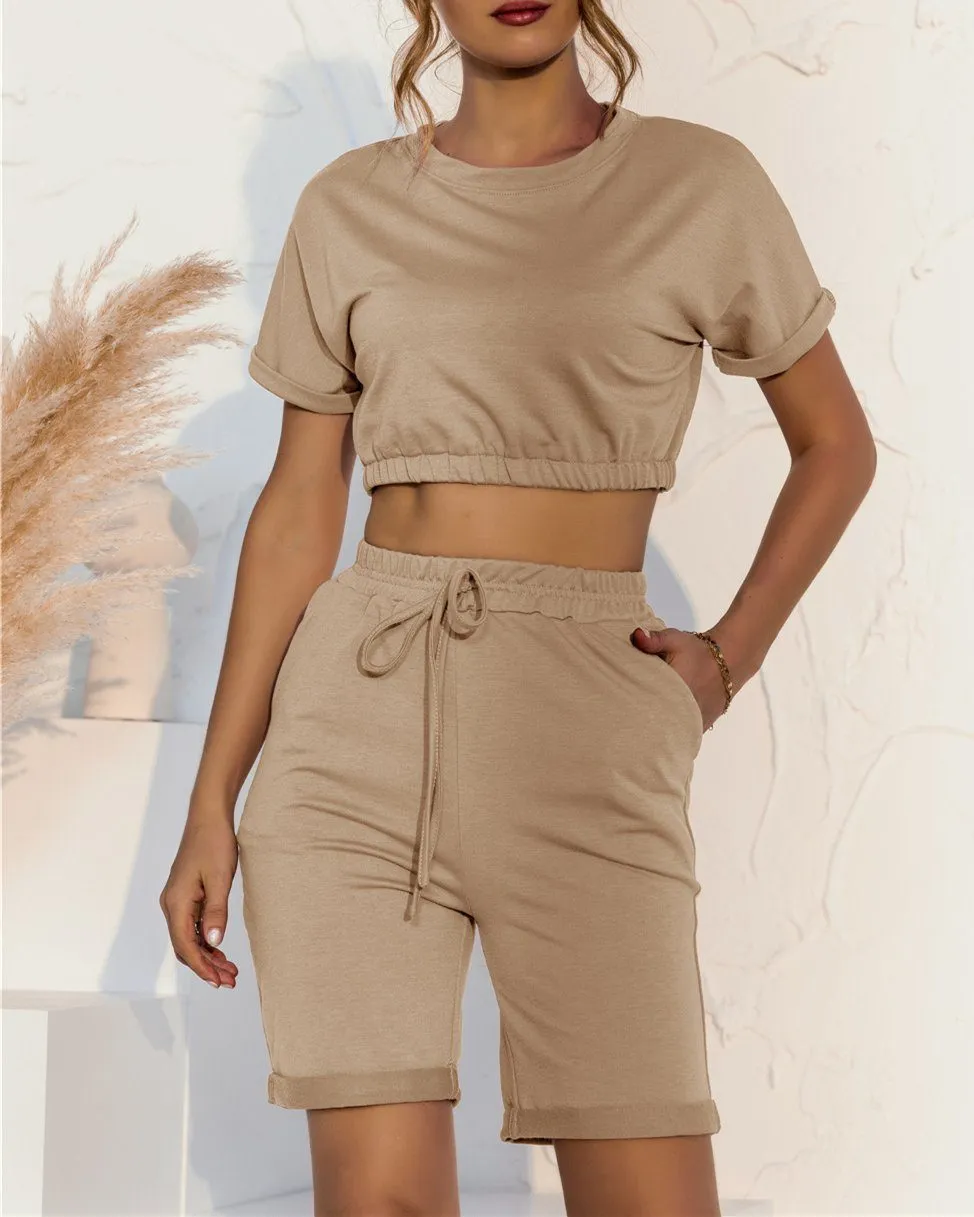Day To Chill Crop Two-Piece Sets - Khaki