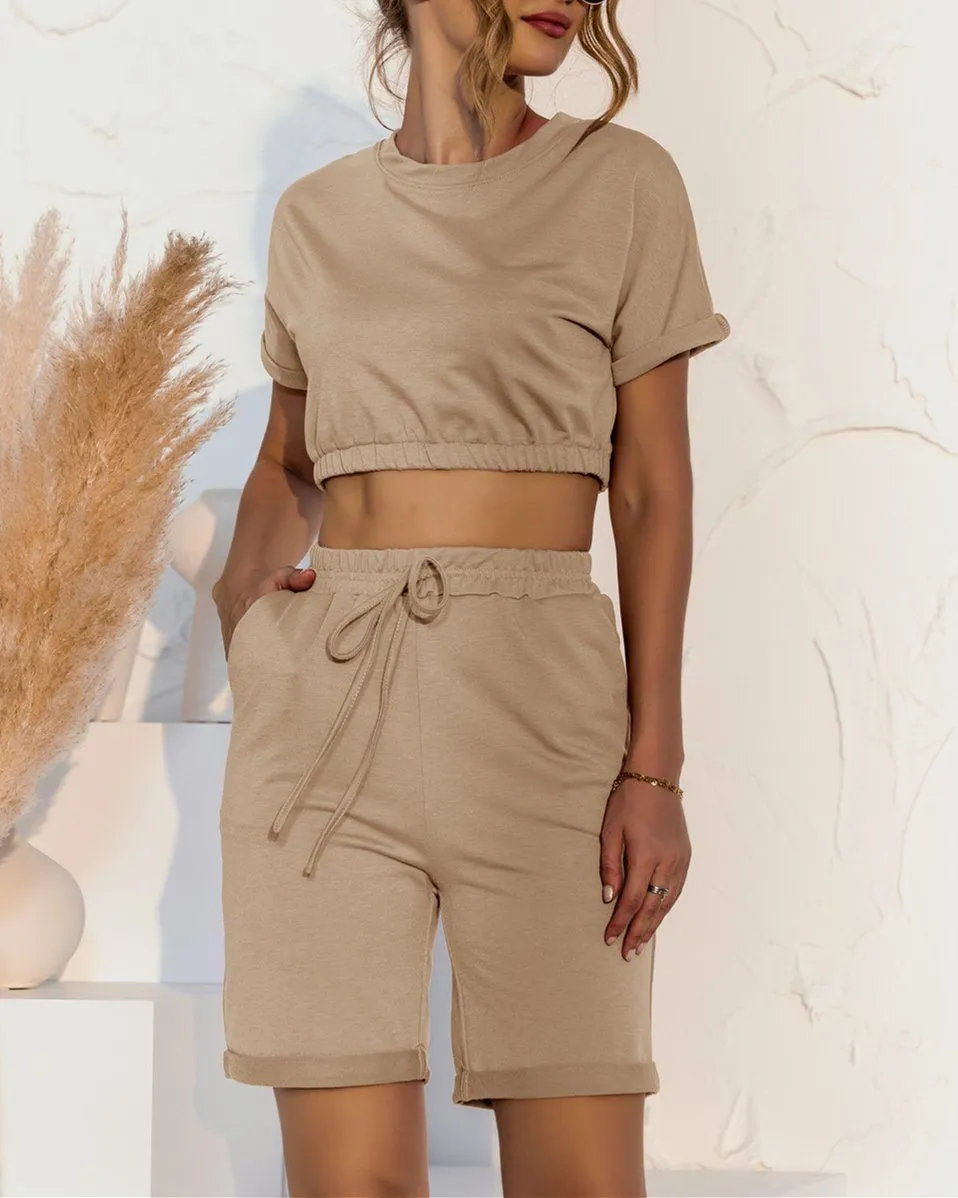 Day To Chill Crop Two-Piece Sets - Khaki