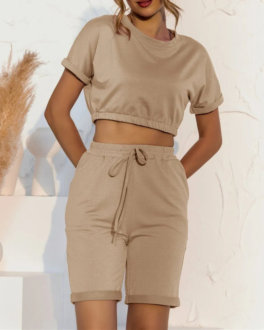 Day To Chill Crop Two-Piece Sets - Khaki