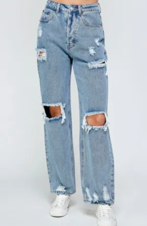 Destroyed Denim High Waist Straight Leg Jeans