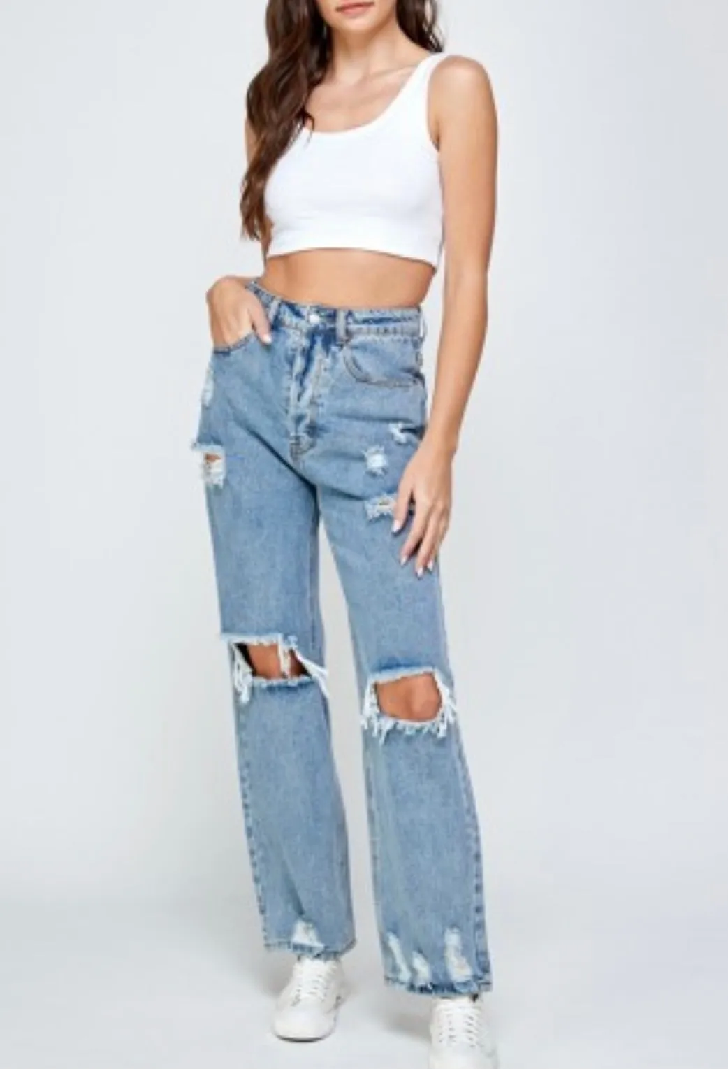 Destroyed Denim High Waist Straight Leg Jeans